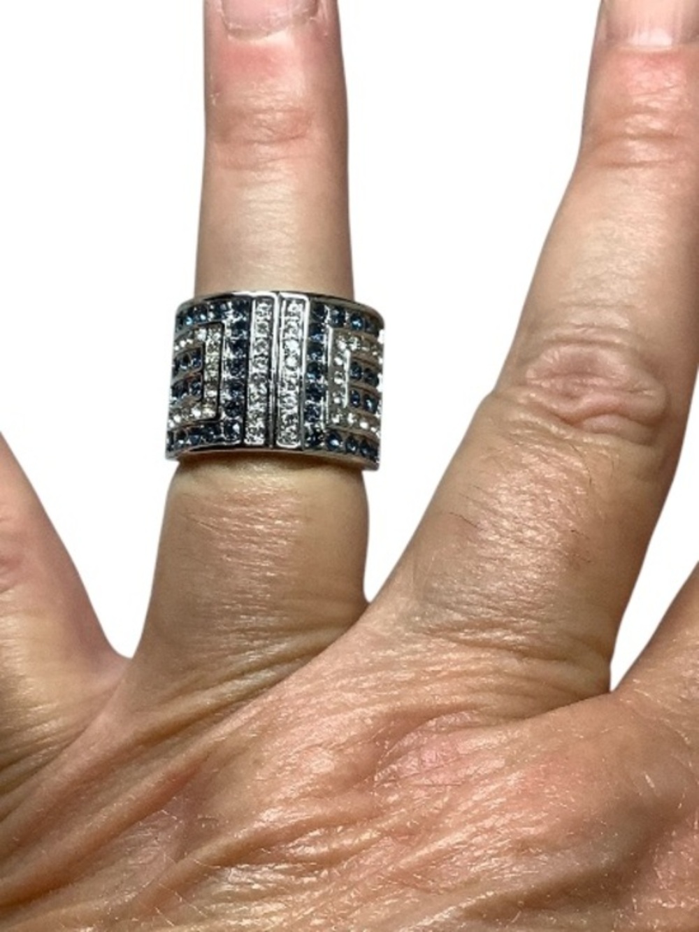 Silver Tone Blue Crystal Statement Ring excellent condition size 8.5